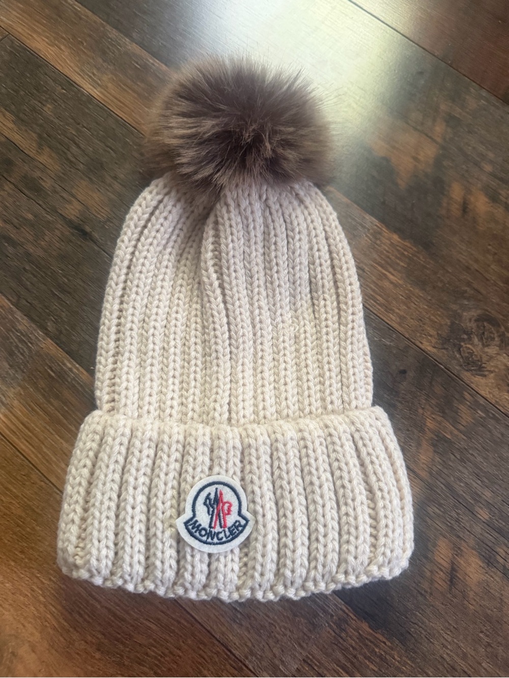 Moncler Women Hat Cream Knit Beanie with Brown Faux-Fur Pom